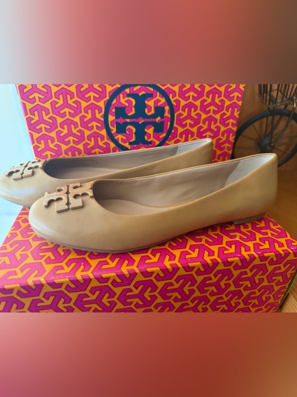 Tory Burch Beige Leather Logo Ballet Flats